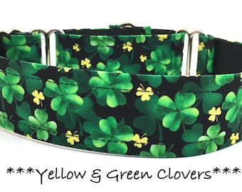 Clover Martingale Dog Collar or Buckle Dog Collar or Buckle Mart or Chain Martingale, St. Patrick's Day Collar, Yellow and Green Clovers