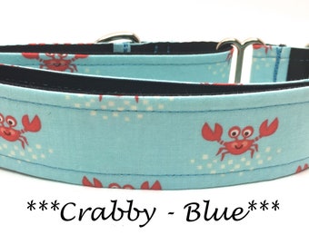 Martingale Dog Collar or Buckle Dog Collar or Buckle Mart or Chain Martingale, Red crab, Teal, light blue, crab dog collar Crabby - Blue