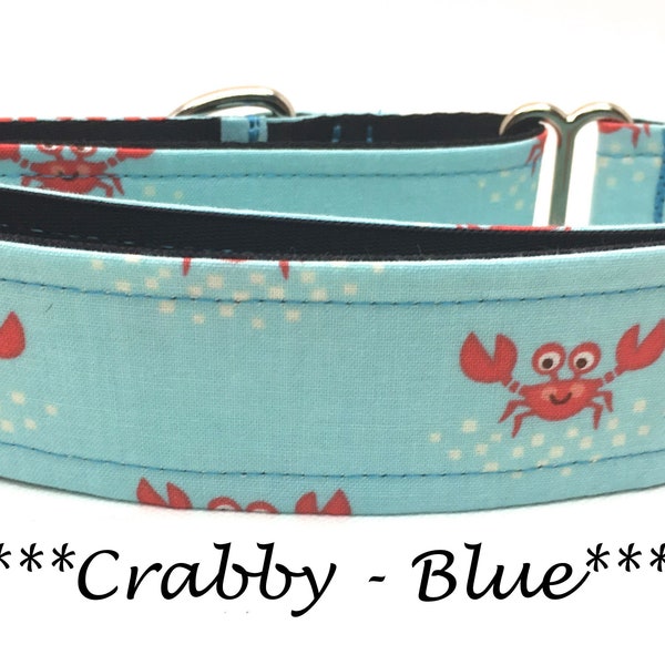 Martingale Dog Collar or Buckle Dog Collar or Buckle Mart or Chain Martingale, Red crab, Teal, light blue, crab dog collar Crabby - Blue