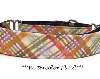 Martingale Dog Collar or Buckle Dog Collar or Buckle Mart or Chain Martingale, Green, Orange, Purple, Plaid Dog Collar, Watercolor Plaid