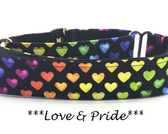 Martingale Dog Collar or Buckle Dog Collar or Buckle Mart or Chain Martingale, Heart Rainbow Dog Collar, Love & Pride