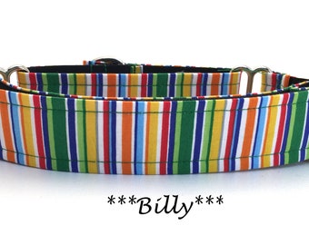 Martingale Dog Collar or Buckle Dog Collar or Buckle Mart or Chain Martingale, Green, Yellow, Red, Blue Striped Dog Collar, Billy