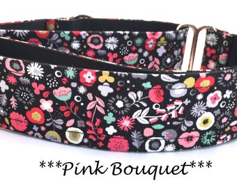 Martingale Dog Collar, Pink Floral Martingale Collar, Gold Floral Buckle Dog Collar, Pink Floral Martingale Dog Collar, Pink Bouquet