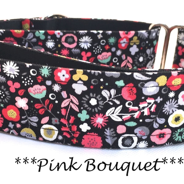 Martingale Dog Collar or Buckle Dog Collar or Buckle Mart or Chain Martingale, Gold, pink, gray, aqua mini floral- Bright Girly Pink Bouquet