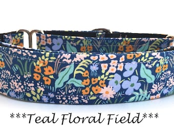 Martingale Dog Collar or Buckle Dog Collar or Buckle Mart or Chain Martingale or Teal Dog Collar, Periwinkle Floral- Teal Floral Field