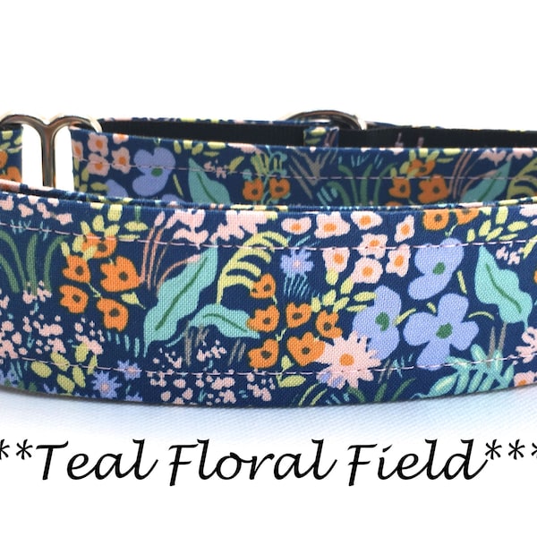 Martingale Dog Collar or Buckle Dog Collar or Buckle Mart or Chain Martingale or Teal Dog Collar, Periwinkle Floral- Teal Floral Field