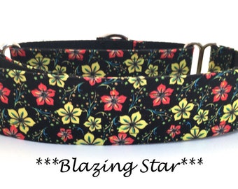 Martingale Dog Collar or Buckle Dog Collar or Buckle Mart or Chain Martingale, Red, Yellow, Black, Blue, Green Flowers- Blazing Star