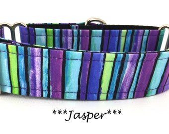 Martingale Dog Collar or Buckle Dog Collar or Buckle Mart or Chain Martingale, Green, Purple, Blue, Black Striped Dog collar, Jasper