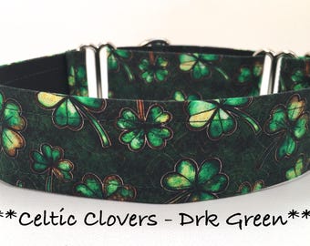 Clover Martingale Dog Collar or Buckle Dog Collar or Buckle Mart or Chain Martingale, Shamrock,  Green Clover, Celtic Clovers - Dark Green