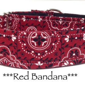 May include: Red bandana print dog collar with silver hardware. ***Red Bandana*** is printed on the collar.