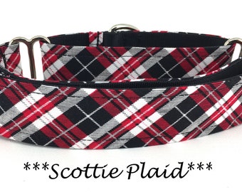 Martingale Dog Collar or Buckle Dog Collar or Buckle Mart or Chain Martingale, Red, White, Black Plaid Dog Collar, Scottie Plaid