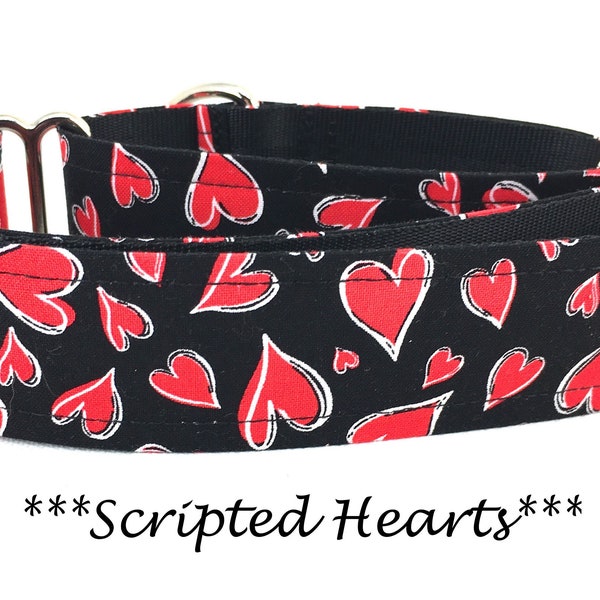 Martingale Dog Collar or Buckle Dog Collar or Buckle Mart or Chain Martingale, Red Hearts, Valentine's Day Dog Collar, Scripted Hearts