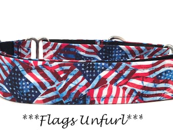 American Flags Martingale Collar or Flags Buckle Dog Collar or Patriotic Buckle Mart Collar or Independence Day Chain Mart - Flags Unfurl