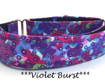 Martingale Dog Collar or Buckle Dog Collar or Buckle Mart or Chain Martingale, blue, purple, pink, green floral - Violet Burst