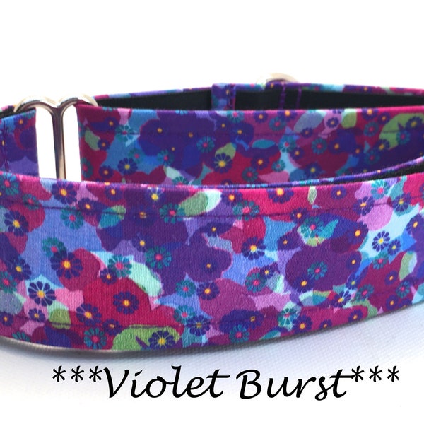 Martingale Dog Collar or Buckle Dog Collar or Buckle Mart or Chain Martingale, blue, purple, pink, green floral - Violet Burst