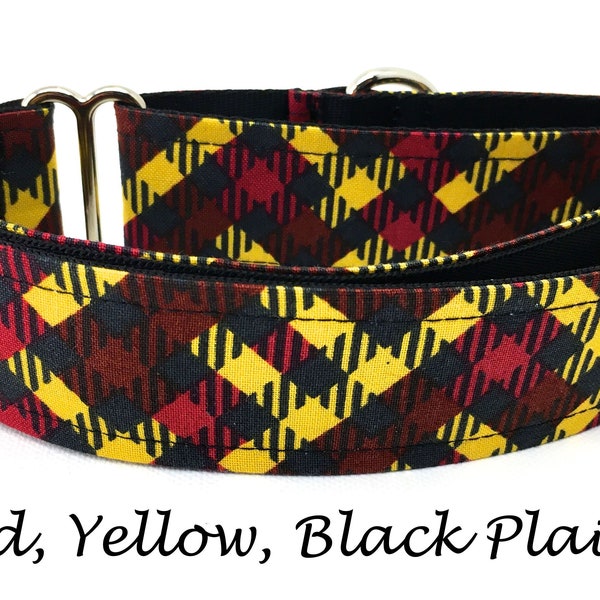 Martingale Dog Collar or Buckle Dog Collar or Buckle Mart or Chain Martingale, Plaid Dog Collar, Red, Maroon, Yellow, Black Plaid