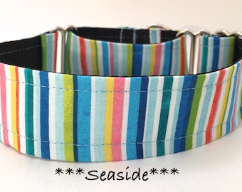 Stripe Martingale Dog Collar or Buckle Dog Collar or Buckle Mart or Chain Martingale, Blue, Green, Orange Seaside Stripes