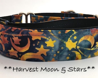 May include: A dog collar with a celestial design featuring yellow stars and crescent moons on a navy blue and orange background. The collar has silver metal hardware and the text "Harvest Moon & Stars".