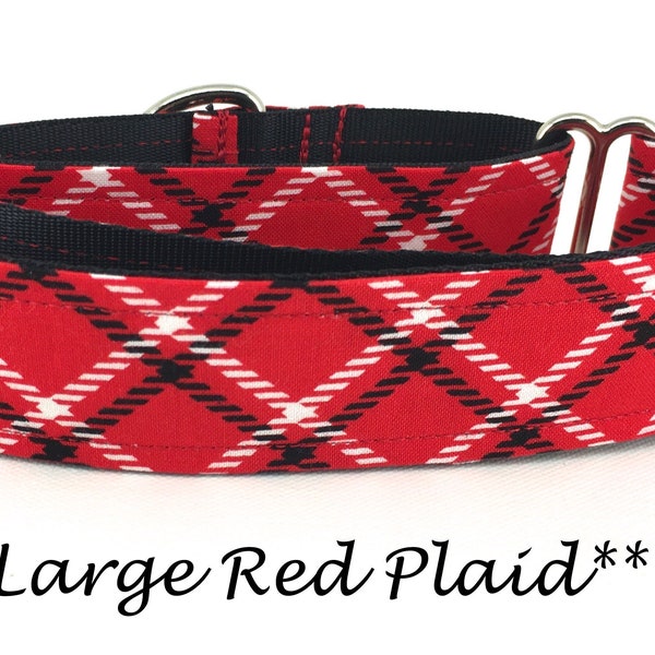 Martingale Dog Collar or Buckle Dog Collar or Buckle Mart or Chain Martingale, Red, White, Black Plaid Dog Collar, Large Red Plaid