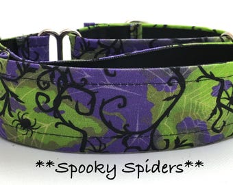 Halloween Martingale Dog Collar or Buckle Dog Collar or Buckle Mart or Chain Martingale or Purple Spider Web Dog Collar,  Spooky Spiders
