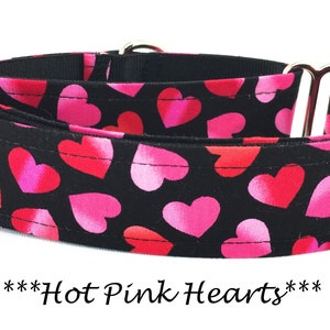 Martingale Dog Collar or Buckle Dog Collar or Buckle Mart or Chain Martingale, Valentine&#39;s Day Dog Collar, Hot Pink Hearts