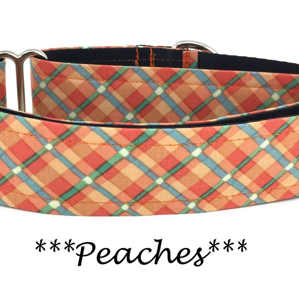 Martingale Dog Collar or Buckle Dog Collar or Buckle Mart or Chain Martingale, Blue, Green, Orange Plaid Dog Collar, Peaches