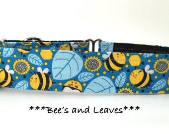 Bee's and Leaves Martingale Dog Collar or Buckle Dog Collar or Buckle Mart or Chain Martingale, Bee's and Leaves