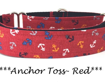 Martingale Dog Collar or Buckle Dog Collar or Buckle Mart or Chain Martingale, Red Nautical Dog Collar,  Red Anchor Toss