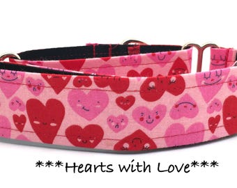 Hearts with Smiles Martingale Dog Collar or Buckle Dog Collar or Buckle Mart or Chain Martingale, Pink and Red hearts, Hearts with Smiles