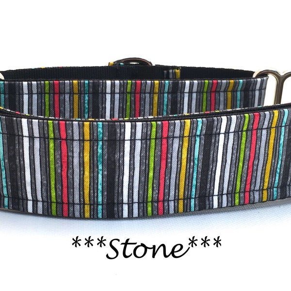 Martingale Dog Collar or Buckle Dog Collar or Buckle Mart or Chain Martingale, Gray, Red, Yellow, Teal Stripes, Stone