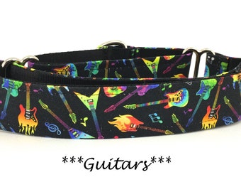 Martingale Dog Collar or Buckle Dog Collar or Buckle Mart or Chain Martingale, Colorful Flaming Guitar Dog Collar, Guitars