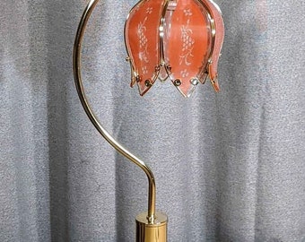 Pink glass etched petals lotus flower vintage styled table lamp gold finish base