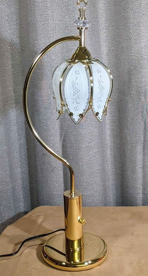 White glass etched petals lotus flower vintage style table lamp gold finish base
