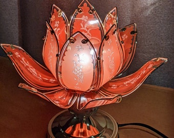 Pink etched glass Lotus Flower Touch on 3 brightness table lamp vintage styled with ceramic ornament