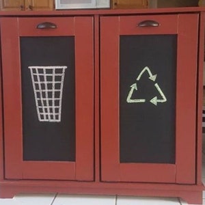 Double Trash Bin, Chalkboard Paint Tilt Out Trash Can Cabinet, Wooden Trash Bin, Plastic Barrels Included
