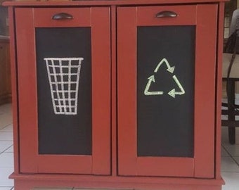Chalkboard Double Tilt-Out Trash Cabinet, Solid Pine Bin with Plastic Barrels