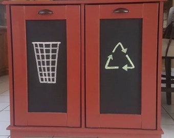 Double Trash Bin, Chalkboard Paint Tilt Out Trash Can Cabinet, Wooden Trash Bin, Plastic Barrels Included