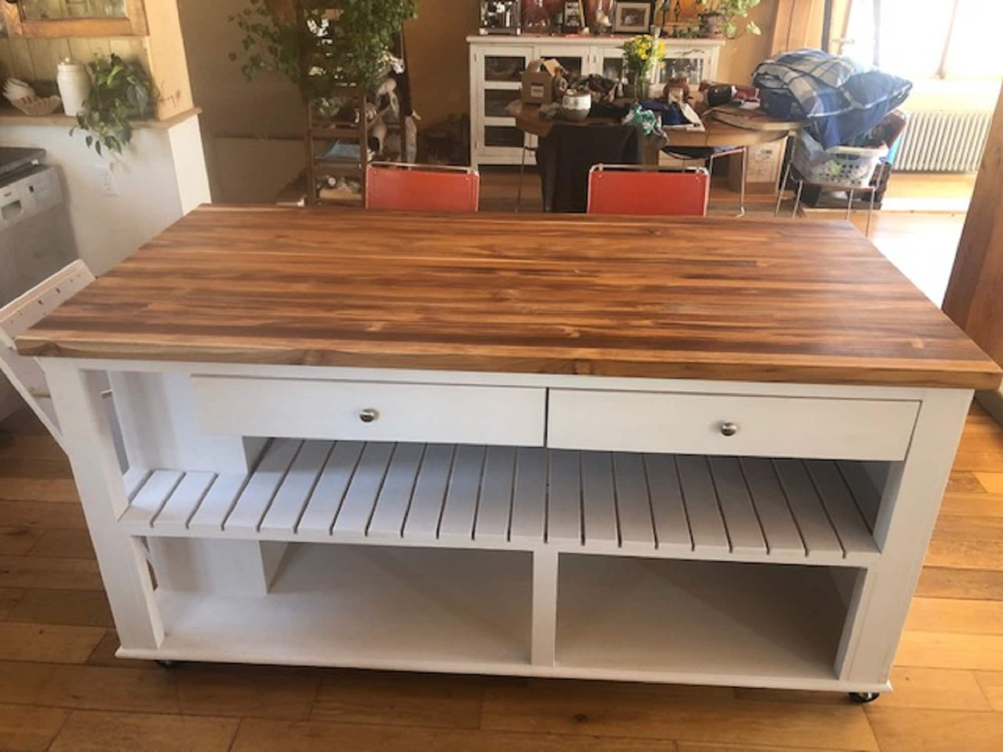 Behling Solid Butcher Block Kitchen Island with Baskets and Storage Shelf