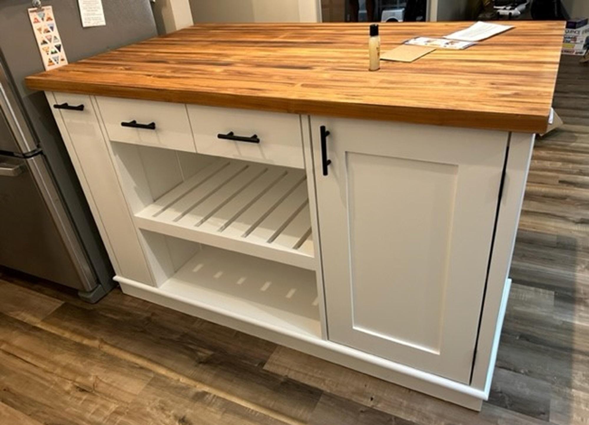 Jeffrey Kitchen Island, Custom Butcher Block Kitchen Island with Seating Option, Dining Table with Storage, Spice Rack, Trash Bin