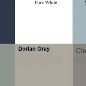 K&ouml;nnte beinhalten: Eine Farbkarte mit sechs Farbmustern. Die Muster sind mit "Deep Royal", "Pure White", "Santorini Blue", "Rushing River", "Dorian Gray" und "Chelsea Gray" beschriftet.