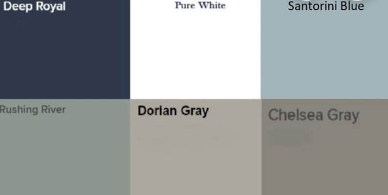 K&ouml;nnte beinhalten: Eine Farbkarte mit sechs Farbmustern. Die Muster sind mit "Deep Royal", "Pure White", "Santorini Blue", "Rushing River", "Dorian Gray" und "Chelsea Gray" beschriftet.