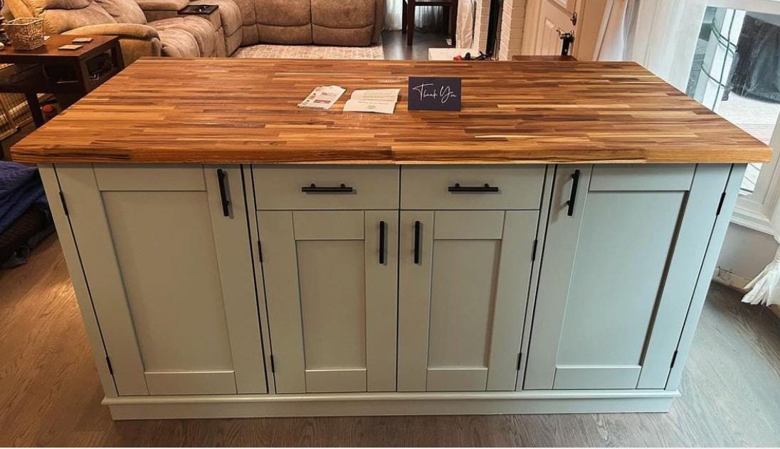 Custom Kitchen Island with Solid Teak Butcher Block Top, Templeton Model, Handmade Farmhouse Island with Storage, Seating & Cabinets