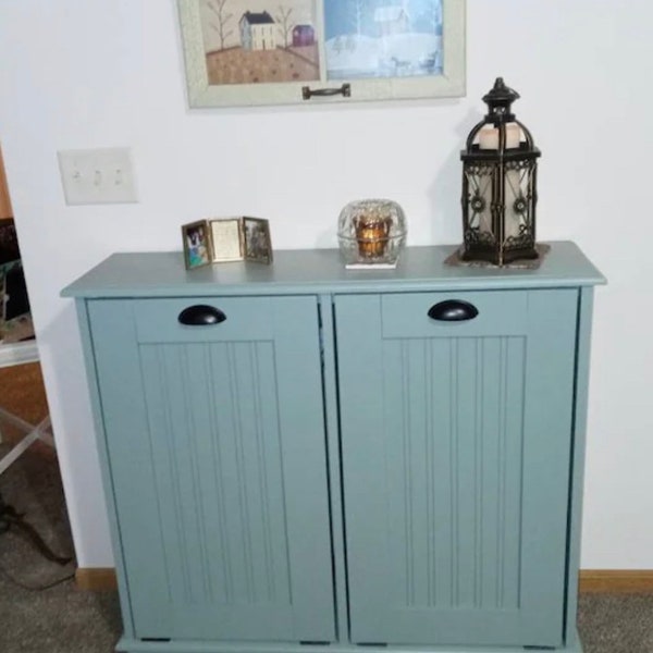 Double Trash Bin, Tilt Out Trash Can Cabinet, Wooden Trash Bin, Plastic Barrels Included