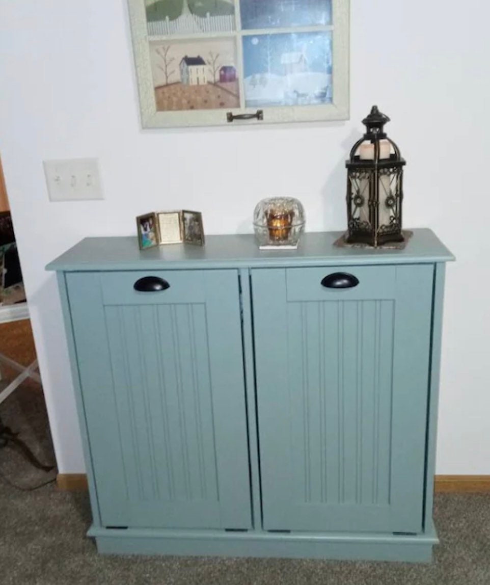 Double Trash Bin Tilt Out Can, Wooden Double Trash Can Cabinet