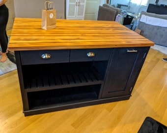 Kitchen Island, Custom Butcher Block Kitchen Island with Seating Option,  Dining Table with Storage, Trash Bin, Shelving, 