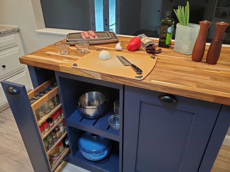 Kitchen Island, Butcher Block Kitchen Island w\/Option for Seating, Food Prep, Spice Rack 