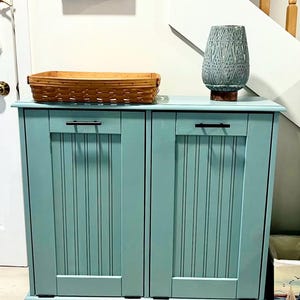 Double Trash Bin, Tilt Out Trash Can Cabinet, Wooden Trash Bin, Plastic Barrels Included