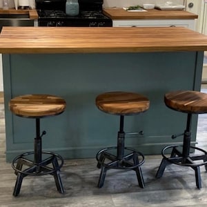 Wood Bar Stool, Farmhouse Stool, Rustic Industrial Bar Stool, Kitchen Stool, Swivel Metal Stool afbeelding 2