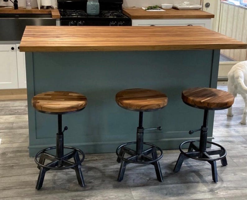 Wood Bar Stool, Farmhouse Stool, Rustic Industrial Bar Stool, Kitchen Stool, Swivel Metal Stool afbeelding 2