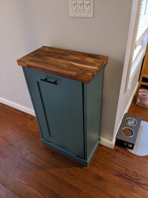 Single Trash Bin Cabinet, Tilt Out Doors, Wood Trash Recycle Bin